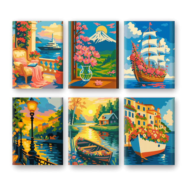 Coffret de 6 peintures par numéro “Bateaux fleuris”
