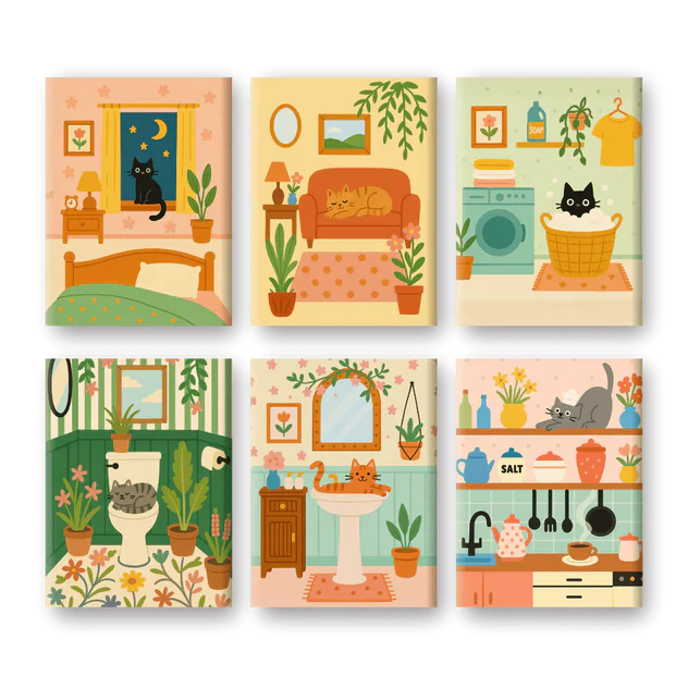 Coffret de 6 peintures par numéro “Chaton fait sa vie”