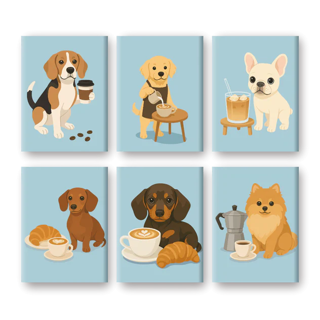 Coffret de 6 peintures par numéro “Chiot au petit déj’”