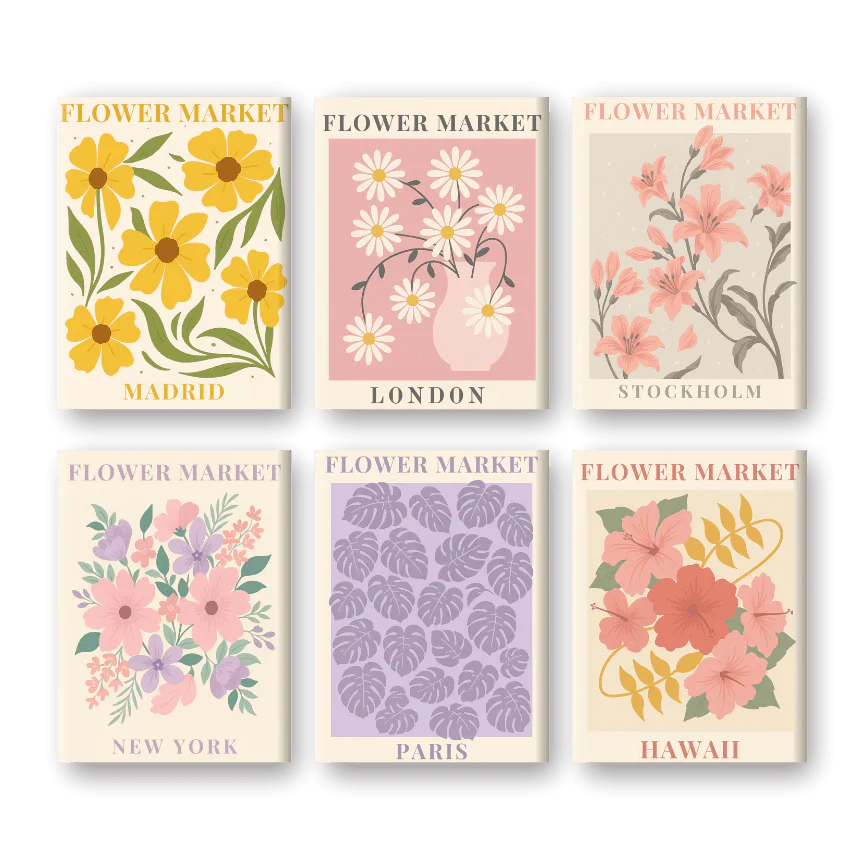 Coffret de 6 peintures par numéro “Marchés, Fleurs, Villes”