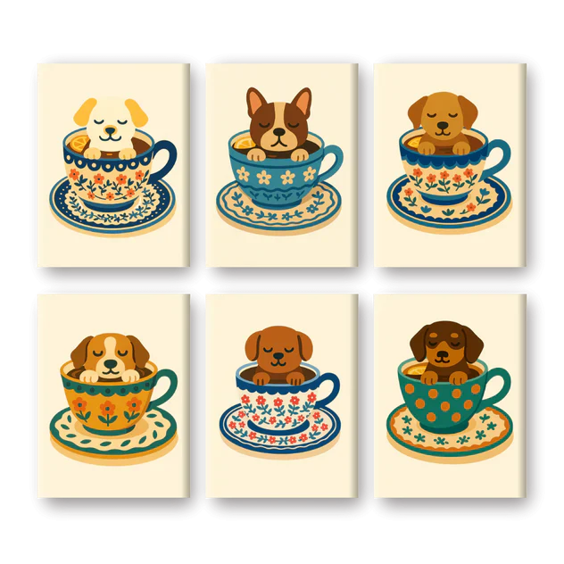Coffret de 6 peintures par numéro “Tasses & Chiots”